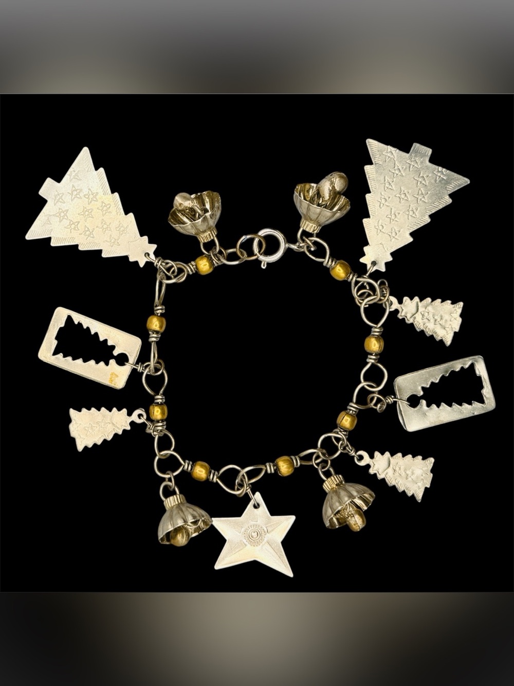 VTG Silver-Tone Hand Crafted Charms Brass Beads MCM Mexican Folk Art Bracelet